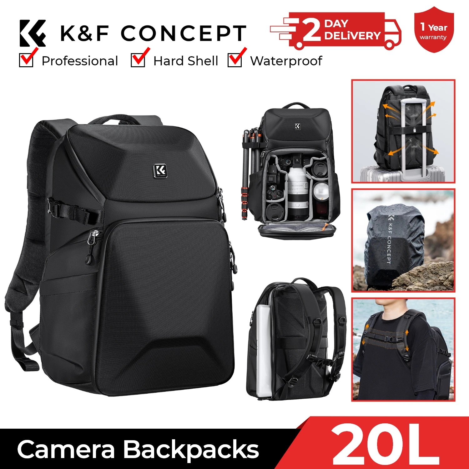 Laptop Backpack 15.6 - K&F CONCEPT 20L 카메라 백팩 방수