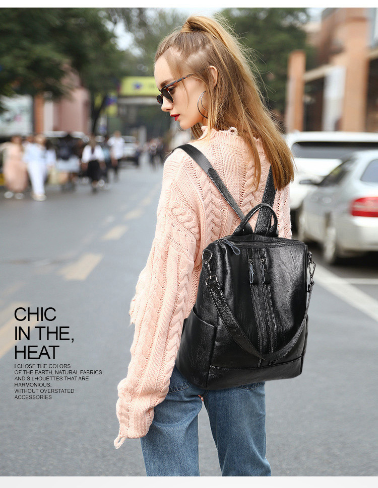 Canvas Backpack Casual - 여성 부드러운 가죽 배낭 학교 블랙