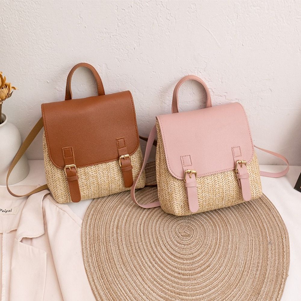 Leather Backpack Vintage - 패션 PU 가죽 밀짚 백팩 레트로
